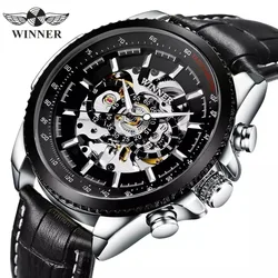Fashion Winner Top Brand Men's Casual Hollow Out Skeleton Automatic Mechanical Movement Genuine Leather Business Wrist Watches