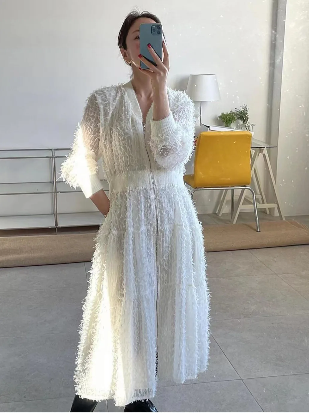 

Женское длинное платье Ele с V-образным вырезом и молнией, приталенное, в корейском ретро-стиле, универсальное, для всех сезонов, новинка ранней весны