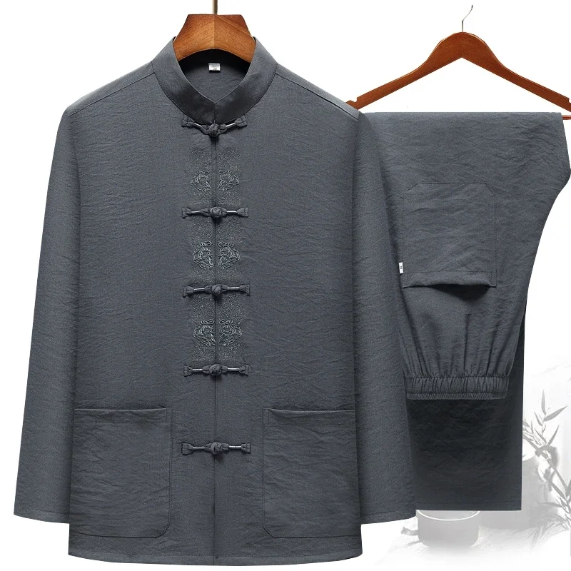 

Традиционная китайская мужская хлопковая льняная одежда кунг-фу тайчи Ву Шу рубашка с длинными рукавами с вышивкой в стиле ретро костюм с длинными брюками
