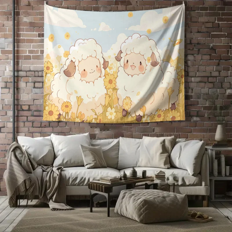 "Cute Cartoon Lamb Tapestry - Warm and Playful Children's Bedroom Decorative Hanging Rug"