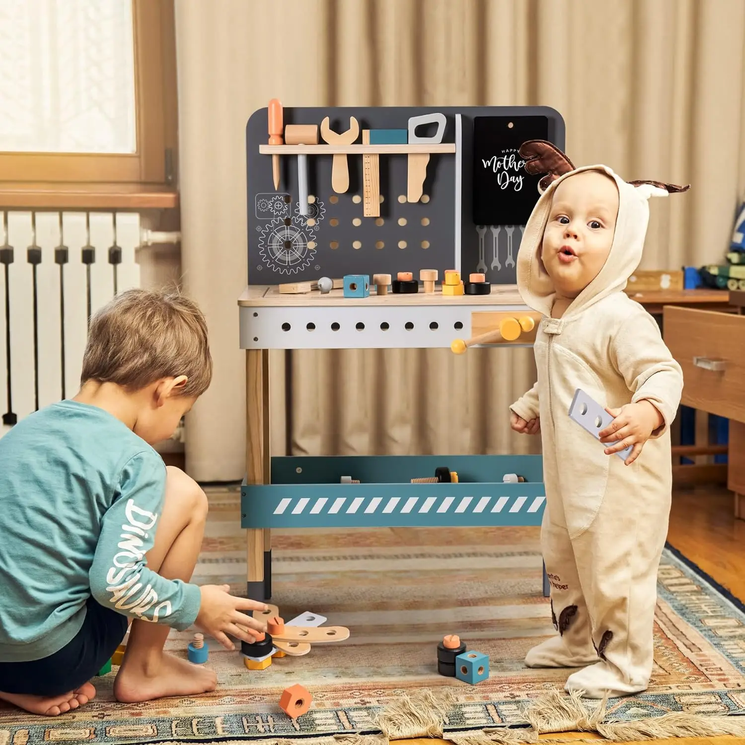 Robotime キッズツールベンチ 木製おもちゃツールベンチ 本物そっくりのツールと電動ドリル付き 子供向けごっこ遊び学習 ブルー