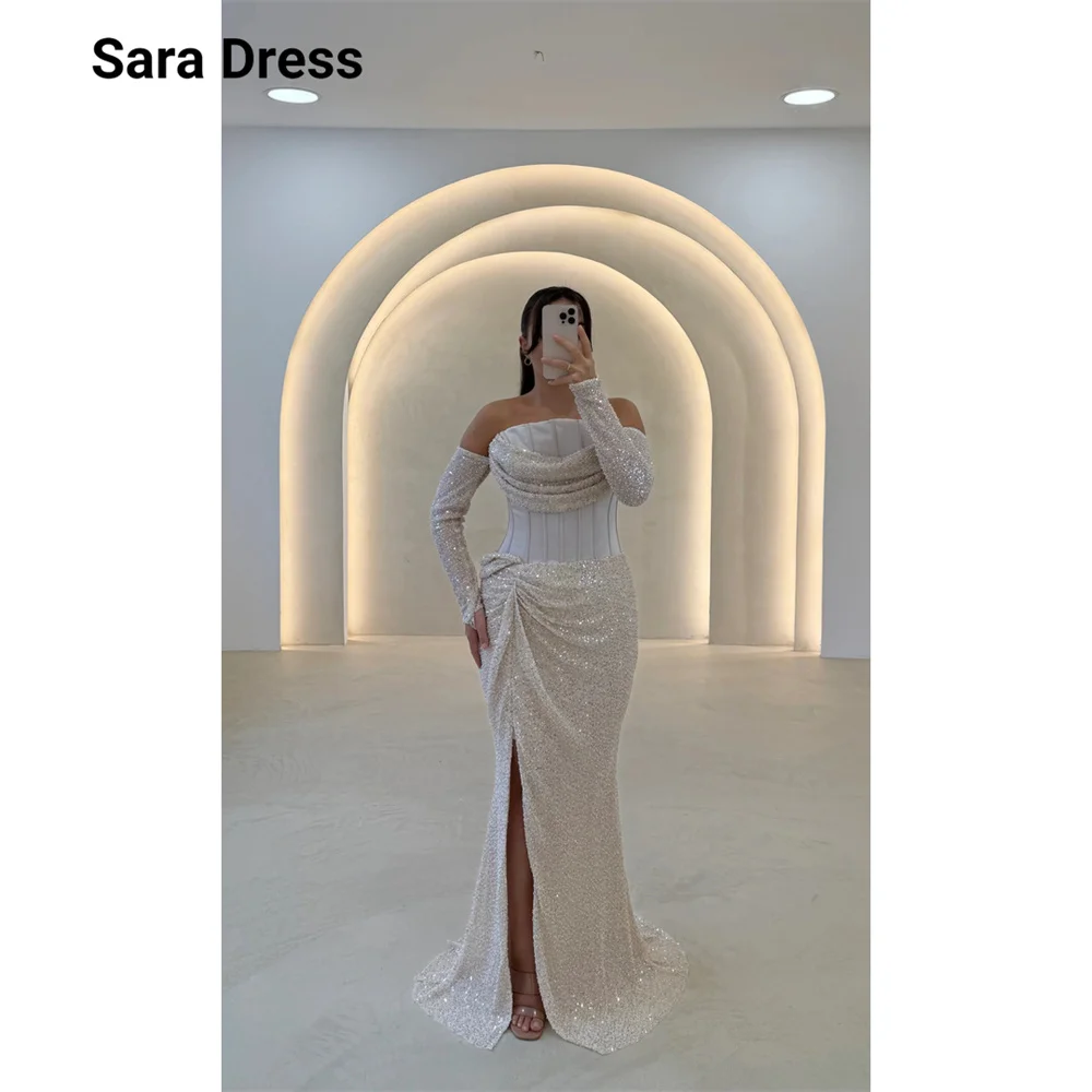 Sara Custom Side Slits Elegant Dresses for Night Party Woman Shiny Floor-length Patchwork Sleeves Women Evening Dress Elie Saab