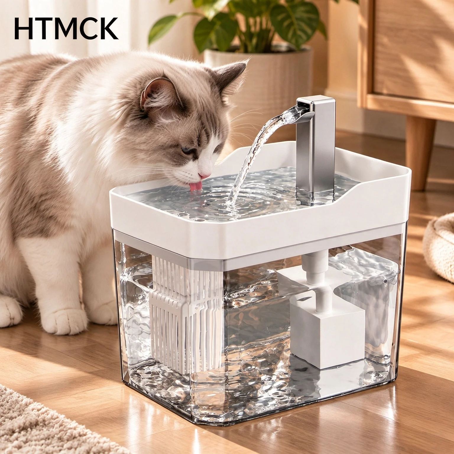 HTMCK USB Cat Water Fountain with Auto Filter Anti-Dry Burning Transparent Recirculating Dispenser with Pump for Cats gallery 1