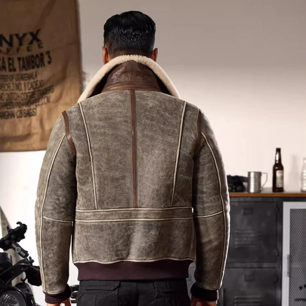 Denny&Dora Men's Shearling Jacket A2 Air Force Vintage, Genuine Sheepskin Fur Thick Winter