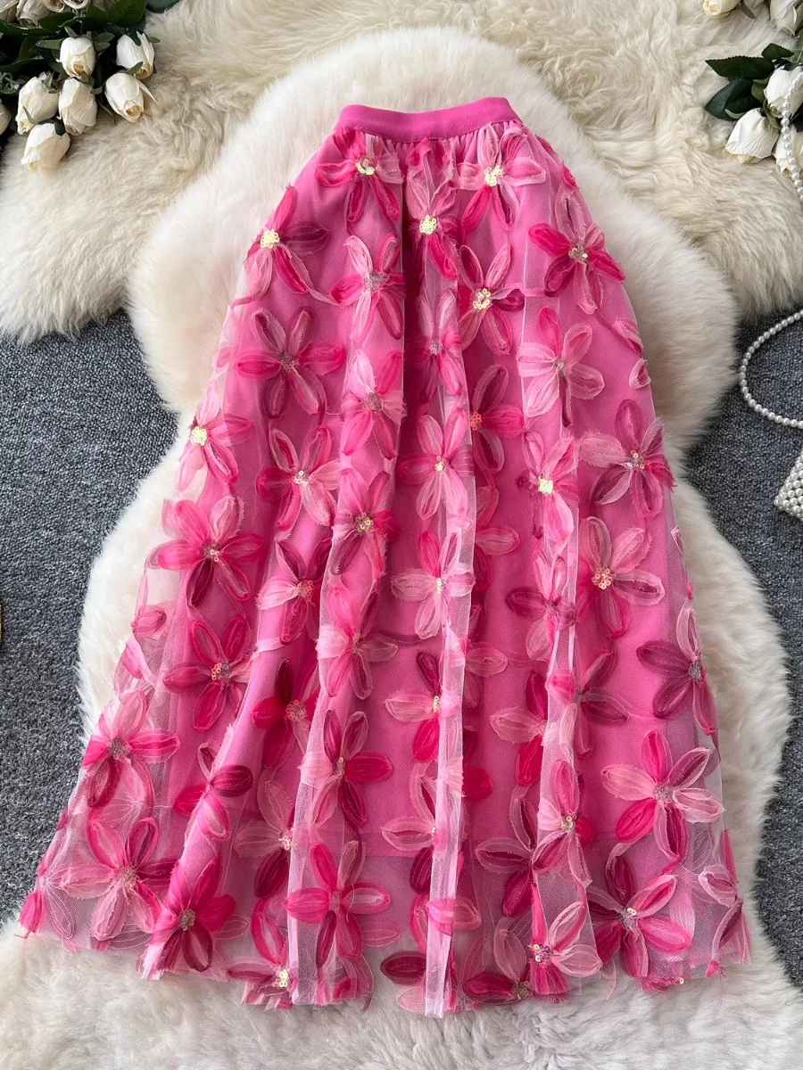 Foamlina الفرنسية رومانسية شبكة تنورة المرأة الصيف مرونة الخصر ثلاثية الأبعاد الأزهار ألف خط رائع طويل نصف تنورة Holdiay التسوق