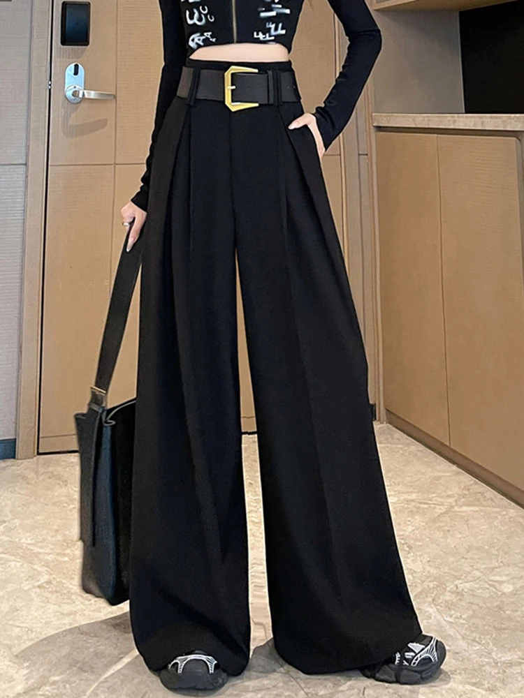 Fashion Suit Wide Leg Pant Women Elegant High Waist Loose Belt Trousers Summer Casual Female Solid All Match New Ins Chic Pants
