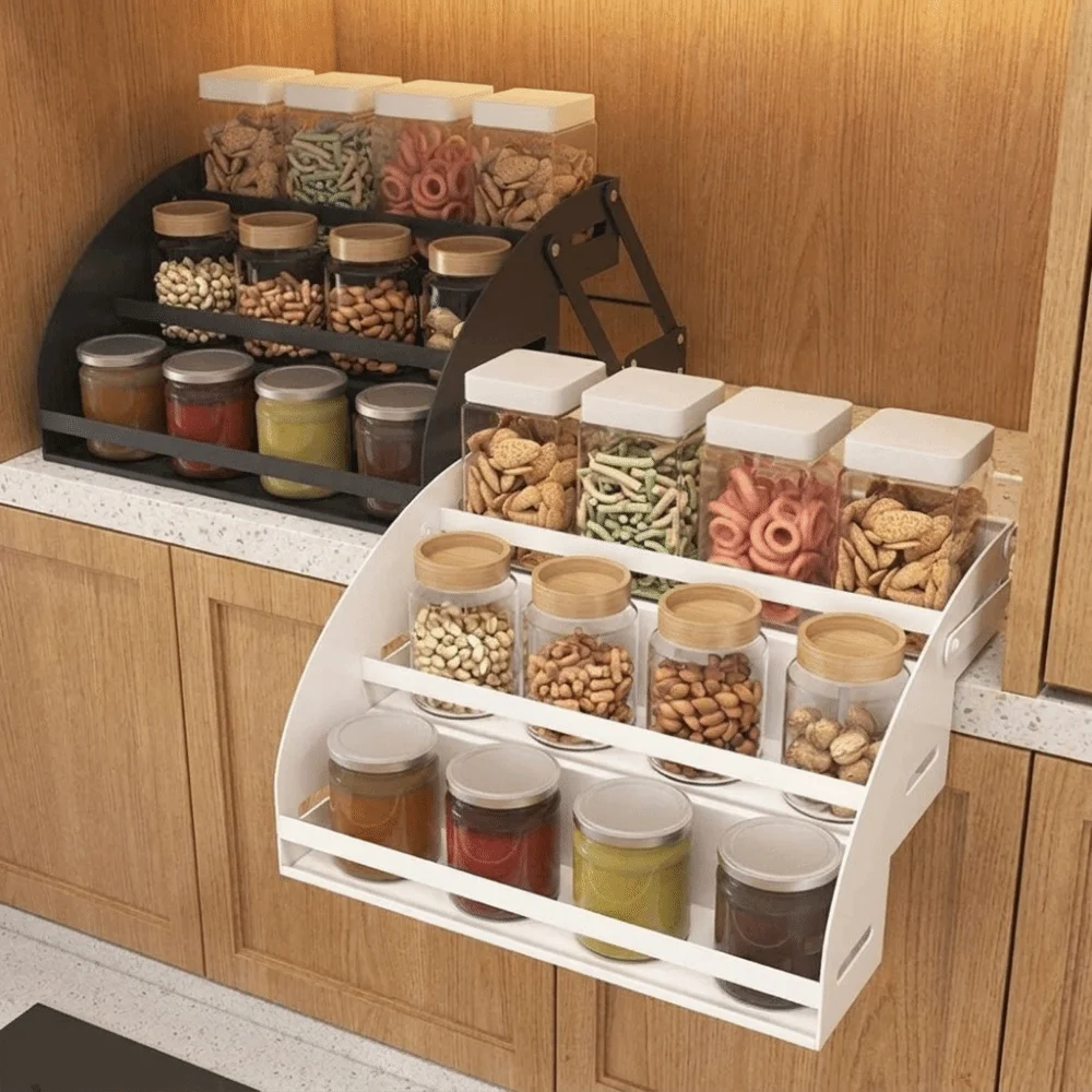 Stainless Steel 3-Tier Pull Down Spice Rack Retractable Strong Load-bearing Pull Down Spice Rack Anti Deformation Space Saving