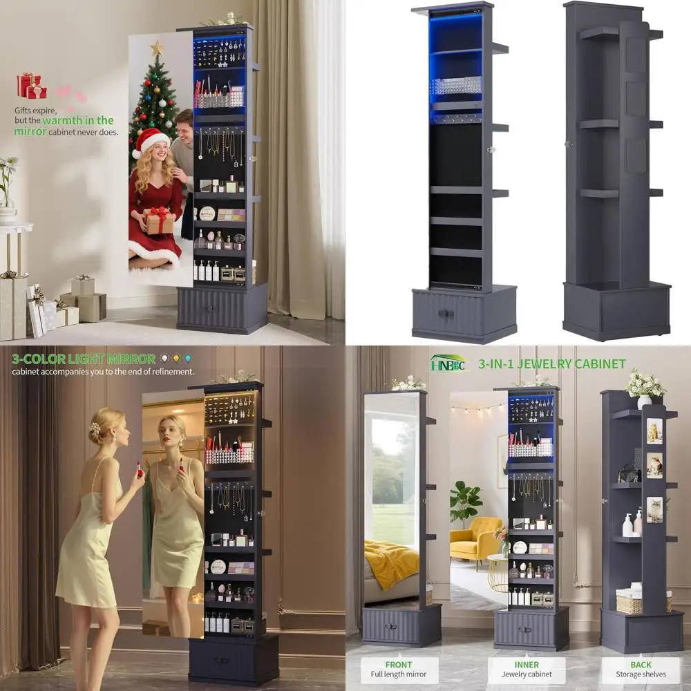 

Серое зеркало в полный рост с подставкой, стеллажи для хранения, органайзером для ювелирных изделий, ящиками и освещением для спальни/гардероба