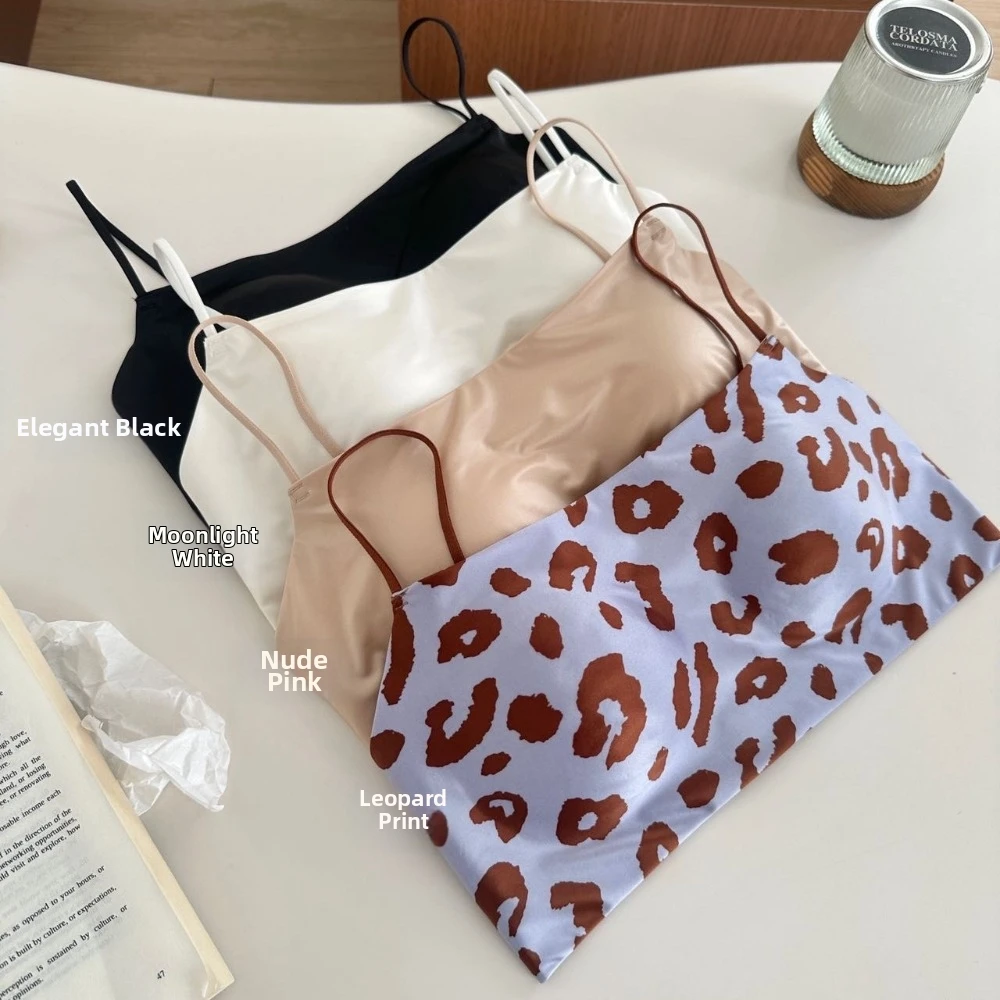 

Thin Shoulder Strap Satin Wireless Bra Leopard Print Boat Neck Brassiere for Women Shockproof Lingerie Push Up Underwear Running