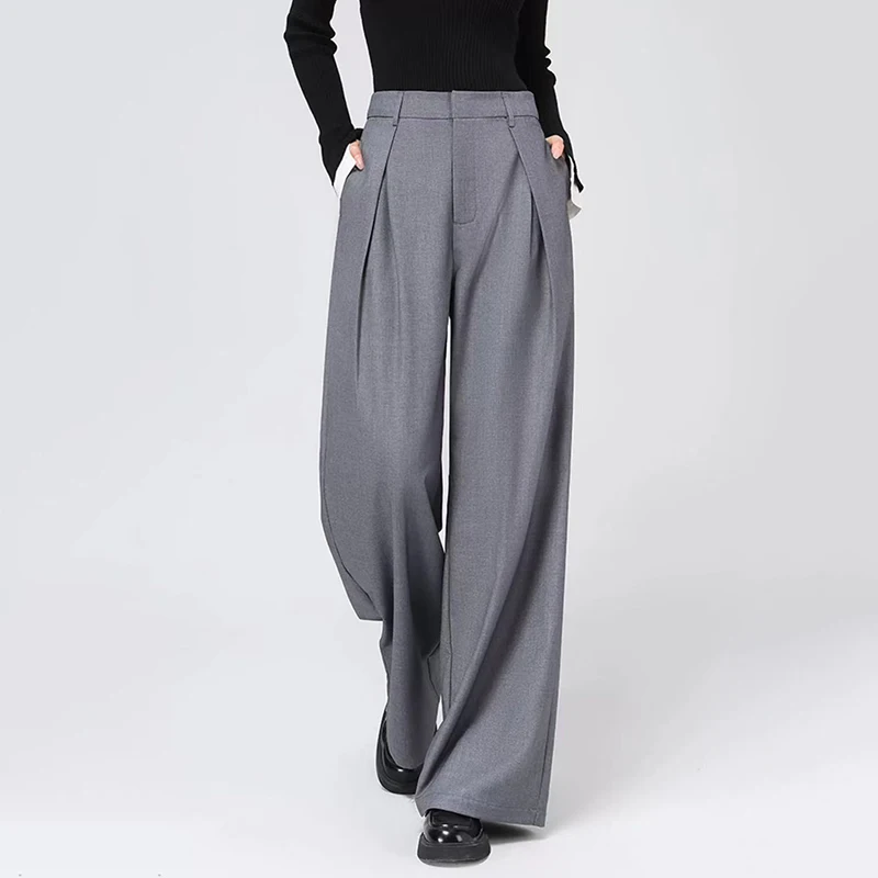 Elegant Baggy Grey Suit Pants for Woman Korean Fashion Office Lady Casual Wide Leg Pants Harajuku High Waist All-Match Trousers