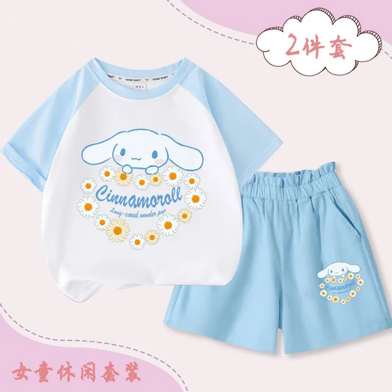 2Pcs Anime Sanrios Cinnamoroll Kids Summer Short Sleeve Shorts Kawaii Melody Kuromi Boy Girls Cotton T-Shirt Cartoon Print Tops