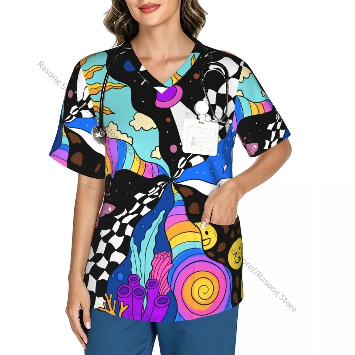 Women Scrubs Blouse Medical Nurse V-neck Clinical Scrubs Top Colorful Space Star Butterfly Spaceship Operating Room Work T-shirt