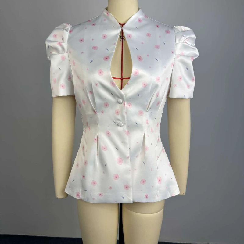 Elegant Women Printed Coat V-neck Single Breasted Short Sleeve Cinched Waist Slim Female T-shirt Chic Lady Office Party Clothes