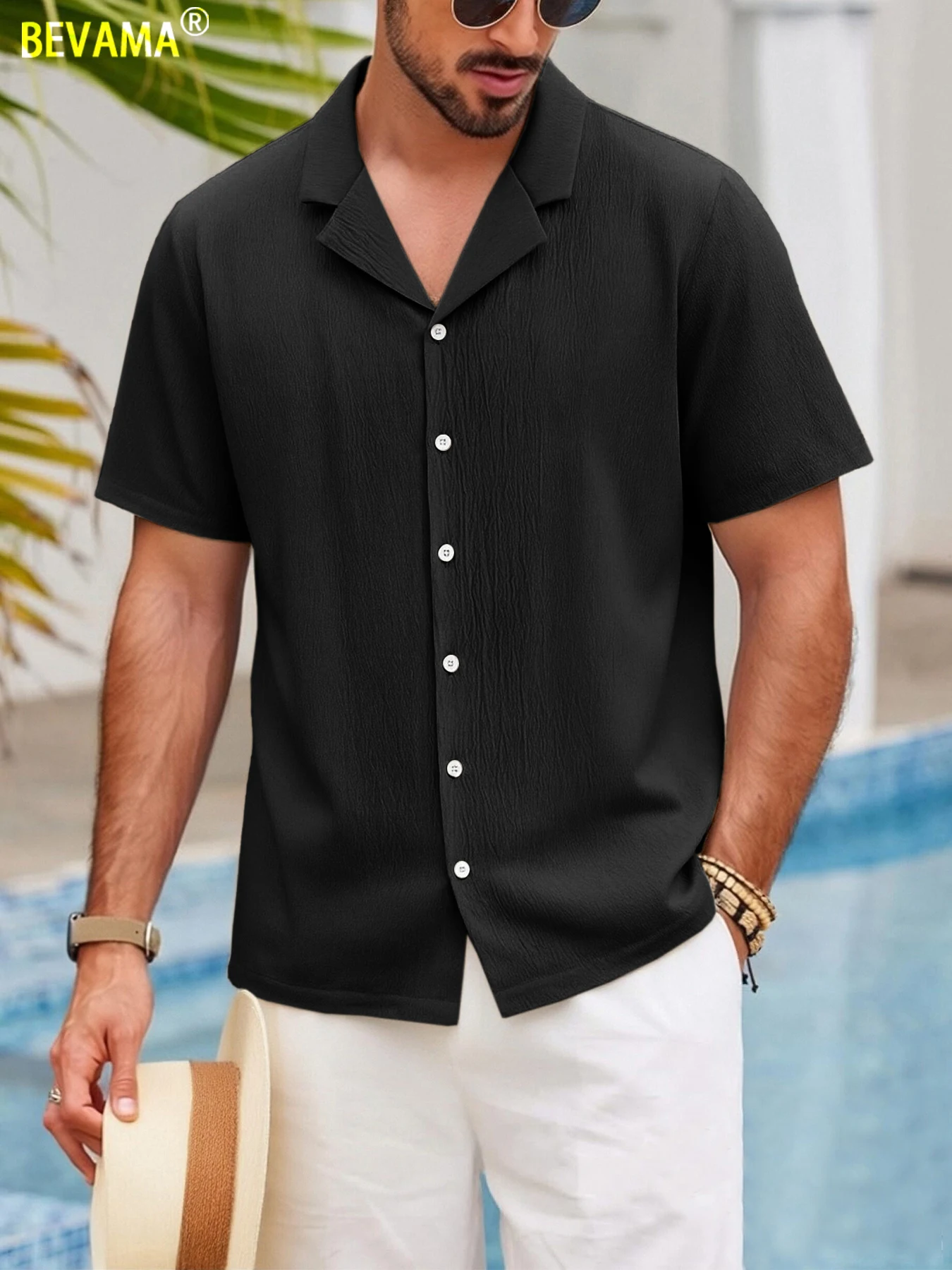 

Men's Summer Cuban Collar Shirt - Short Sleeve Down Casual Top Solid Black Classic Fit Beach & Party Wear Comfortable