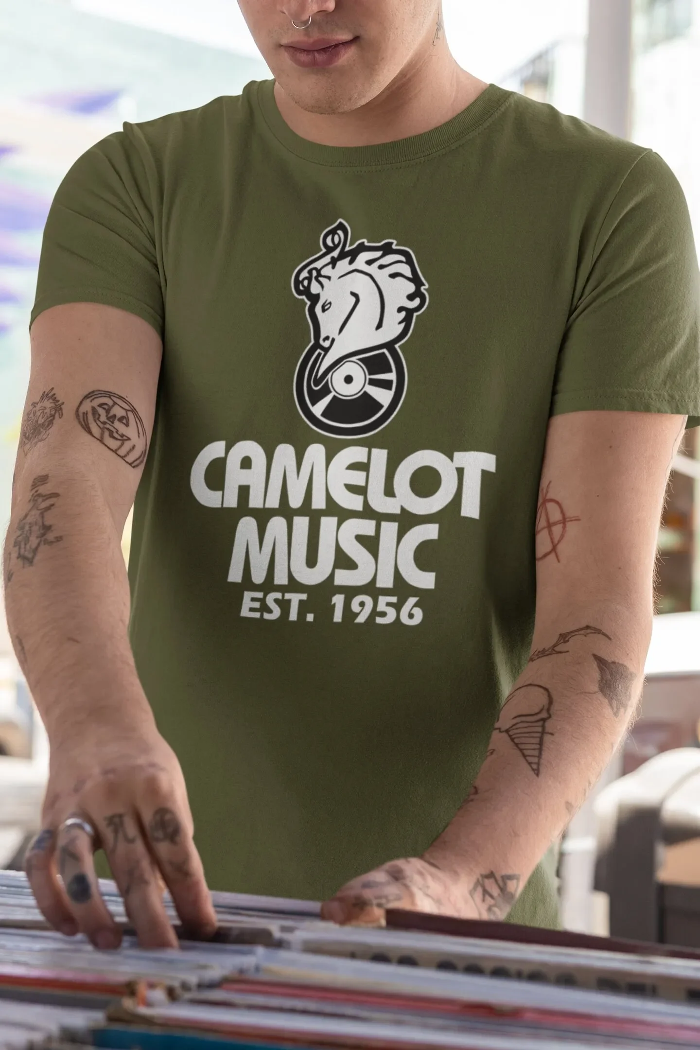 Camiseta de camelote Music, tienda de grabación