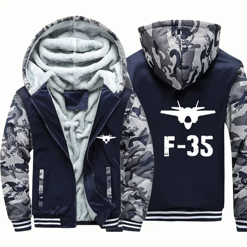 Jaquetas de Lã Quentes com Zíper e Capuz para Pilotos de Aviação F35 - Casacos Grossos e Moletons Masculinos