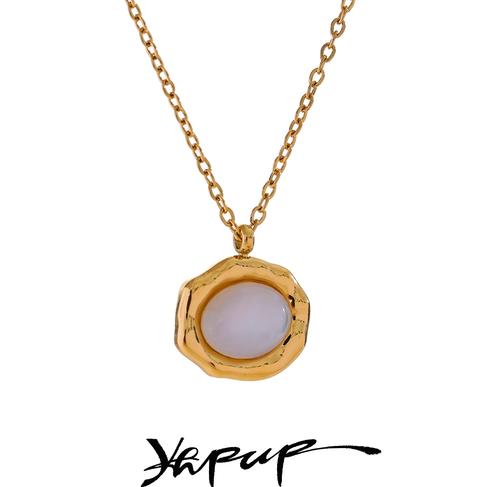 Yhpup Fashion Natural Shell Round Chic Pendant Necklace Waterproof Stainless Steel Golden High Quality Jewelry Accessories