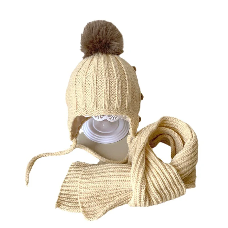 Children\'s hat scarf two-piece new design baby warm suit autumn winter boys and girls baby knitted hat hairball decorative hat