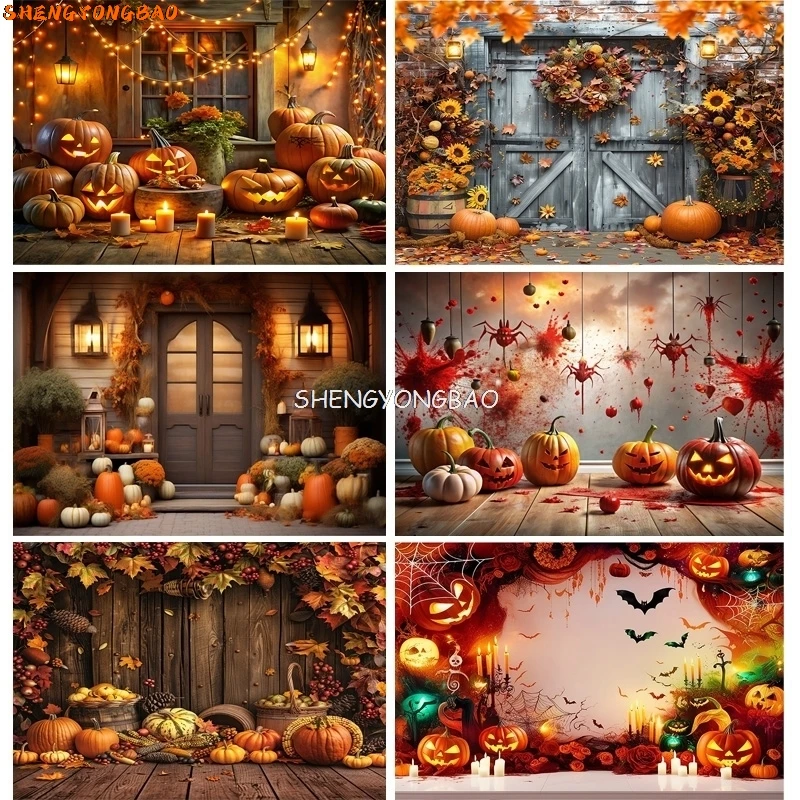 Halloween Day Autumnal Pumpkins Photography Backdrops Props Maple Leaf Scarecrow Farm Harvest Thanksgiving Background RR-20