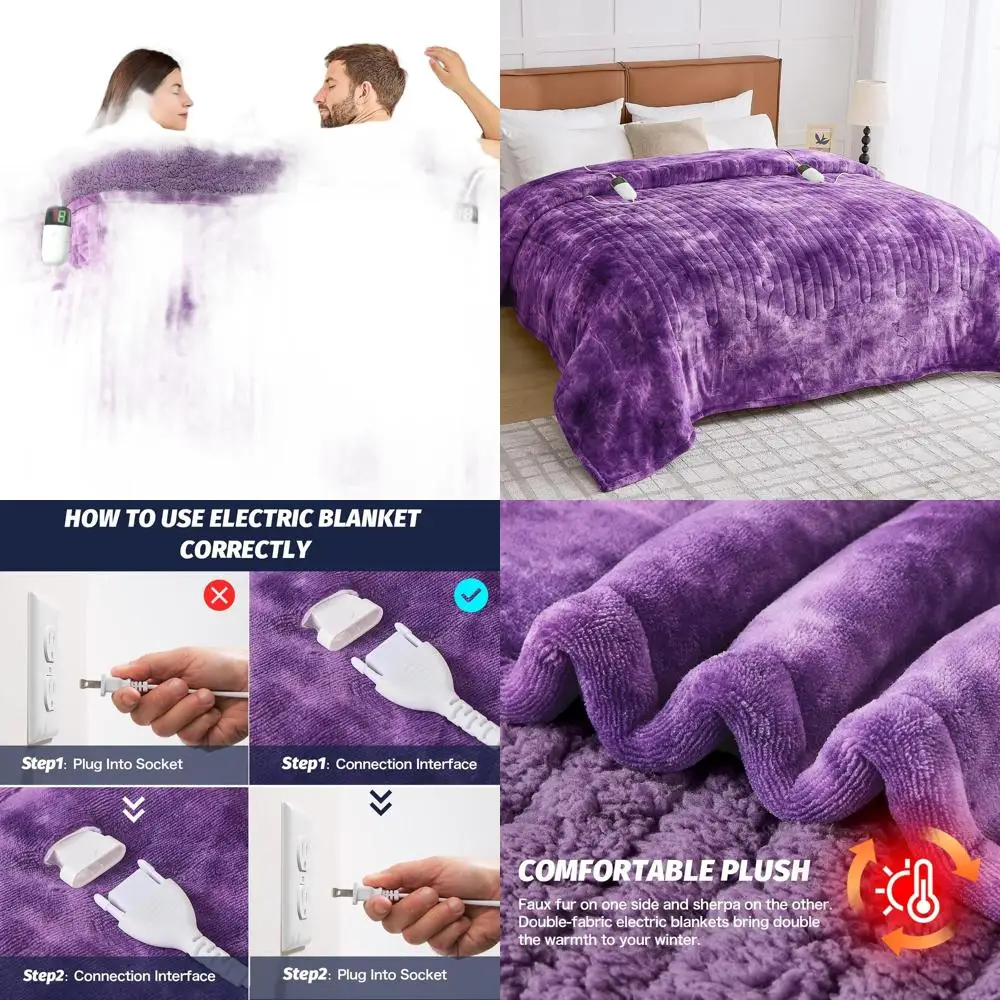 

Purple Faux Fur Sherpa Electric Throw Blanket with 5-Position Timer and 10 Heating Levels, 84x90 for Cozy Winter Gifts