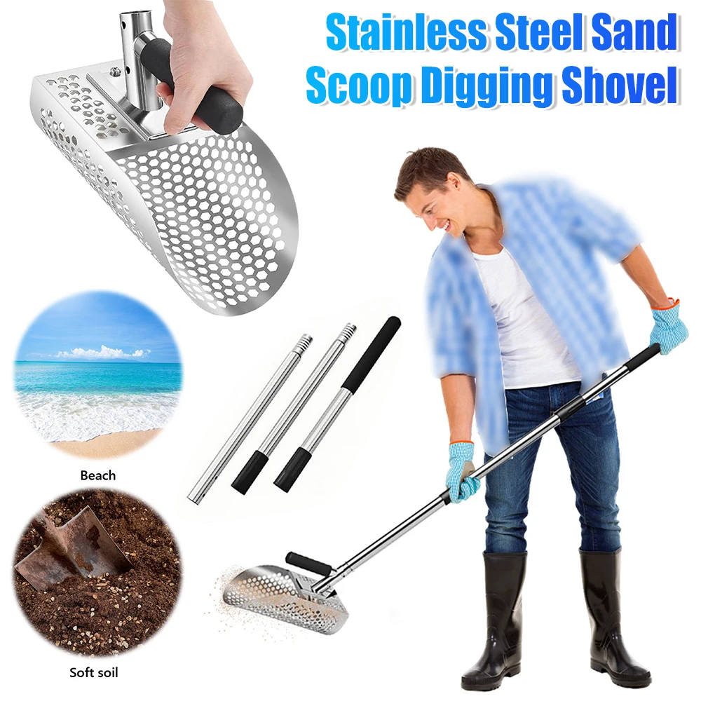 

Stainless Steel Sand Scoop Sand Sifter Shovel Metal Detecting Tool Adjustable Length Handle Digging Shovels For Treasure Hunting