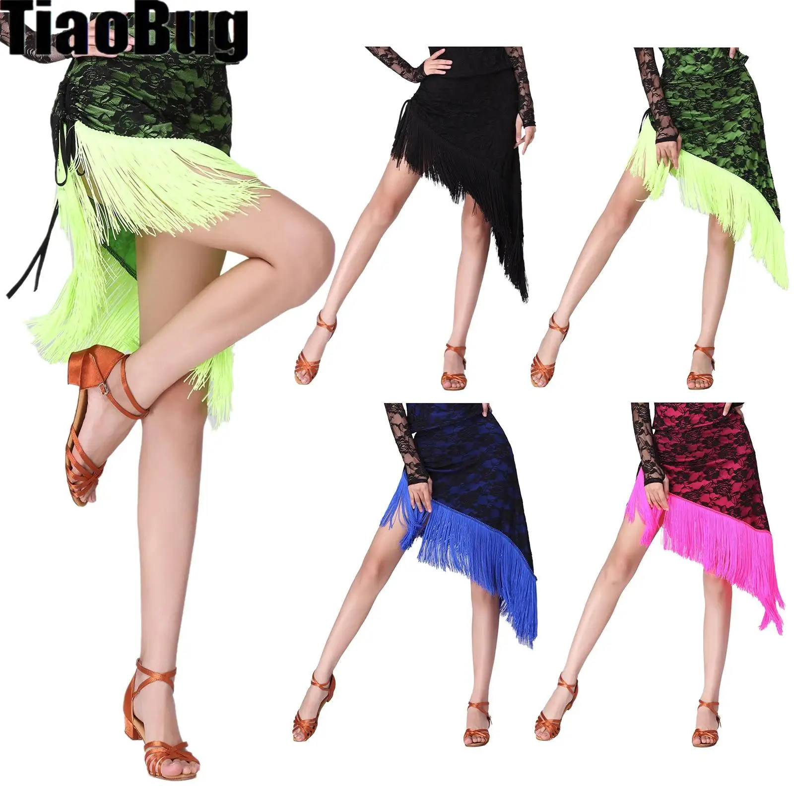 

Women Latin Dance Skirt Floral Lace Tassel Trim Side Drawstring Irregular Ballroom Tango Dance Costume for Performance Training