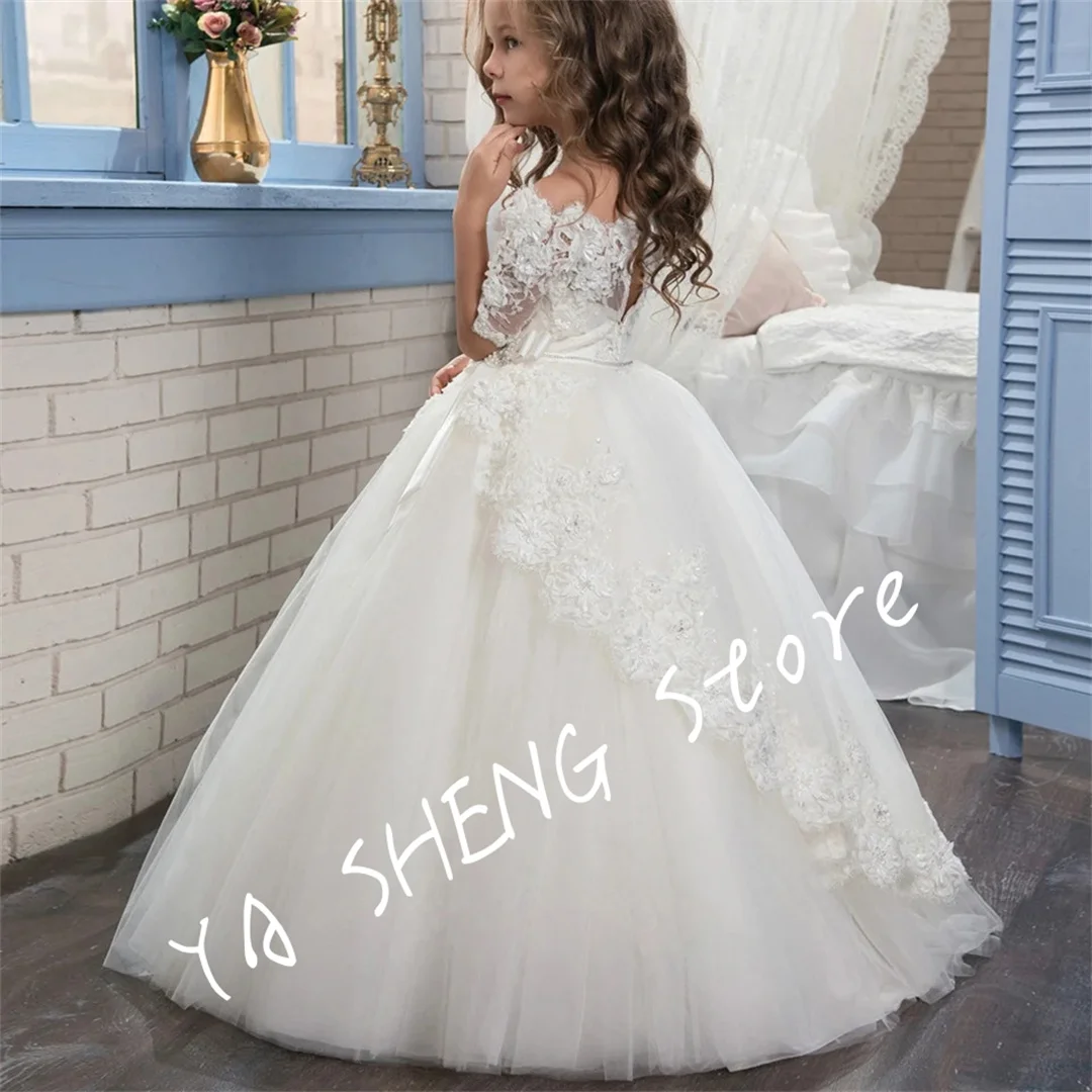 Boat Neck Ball Gown Half Sleeve Flower Girl Dresses  Princess Dress With Bow Weddings First Communion Dress Pageant Gowns