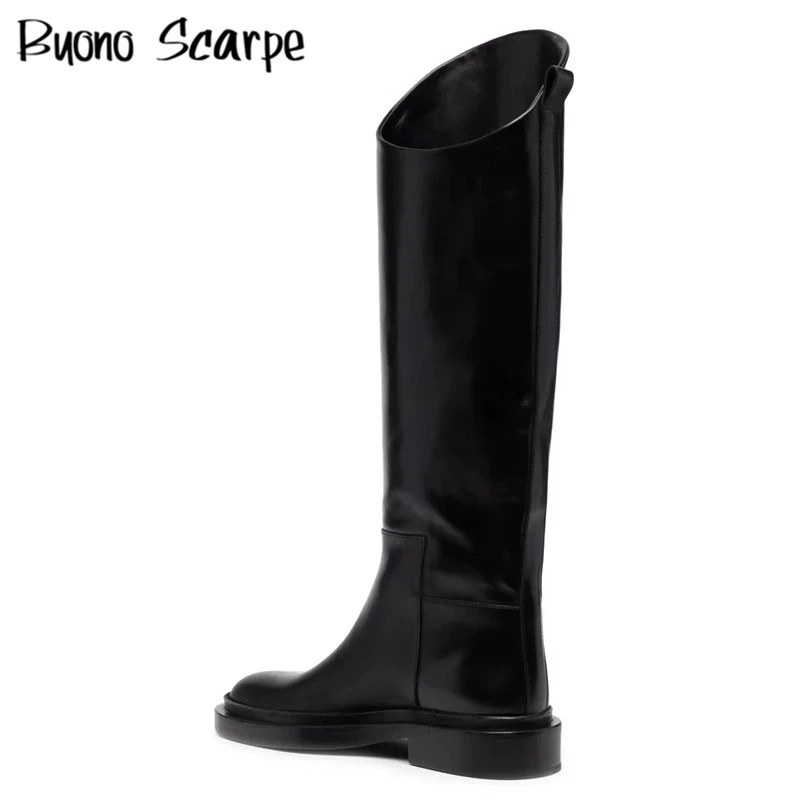 Women Knee High Boots Leather Chunky Knight Boots Autumn Winter Botas Mujer Leather Thick Sole Booties Office Lady Runway Shoes