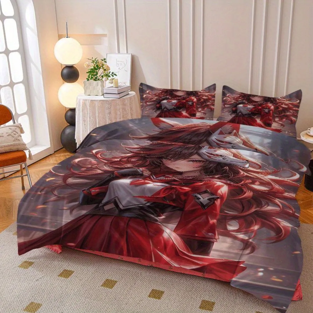 طقم غطاء لحاف مطبوع عليه رسوم متحركة Firefox Girl مكون من 2/3 قطعة، مجموعة غطاء لحاف تحتوي على غطاء لحاف وغطاء وسادة - مثالي لغرفة النوم،