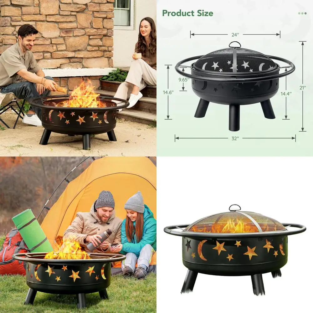 

32-дюймовая круглая уличная костра с сетчатым покрытием, огненный покер, дизайн звезды и луны — идеально подходит для горения древесины в патио, заднем дворе f