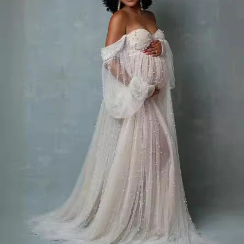 Maternity Photography Props Dress Dense Pearl White Yarn Maternity Photography Clothing Babyshower Gown Photo Shoot Pregnant