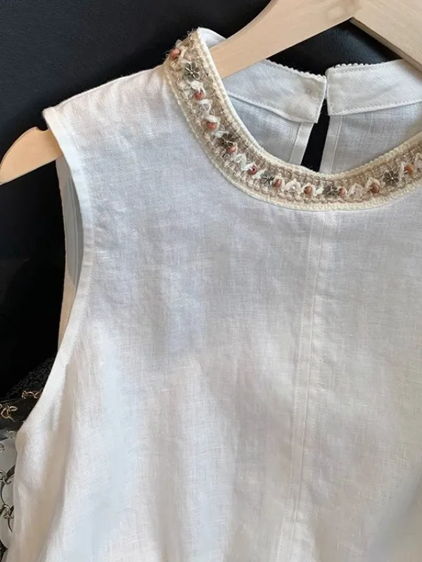 2025 Summer New Sle Ethnic Weaving Beaded Linen Vest Design Sense Top Korean Version Straight Cut No Sve round Ne Pure...