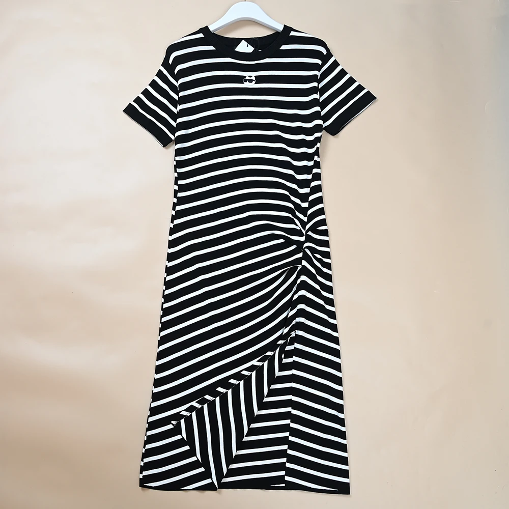 

New Women's round Ne ort Sve Midi Dr Waist Pleated Striped Print Casual Sle Other Material 00% Comfortable Fit
