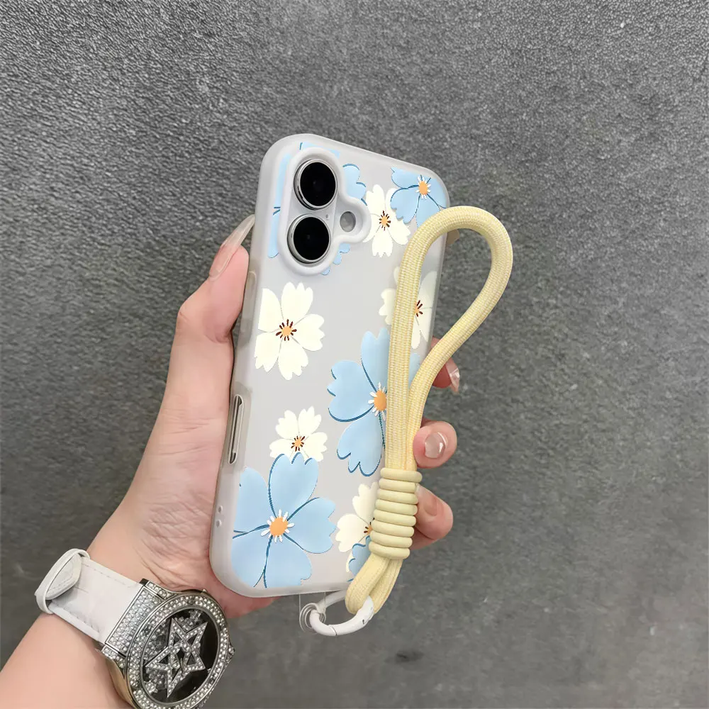 Light Blue White Floral Phone Case For Samsung Galaxy S26 S25 S24 S23 S22 S21 Ultra Plus A55 A35 A34 Wrist Strap Lanyard Cover