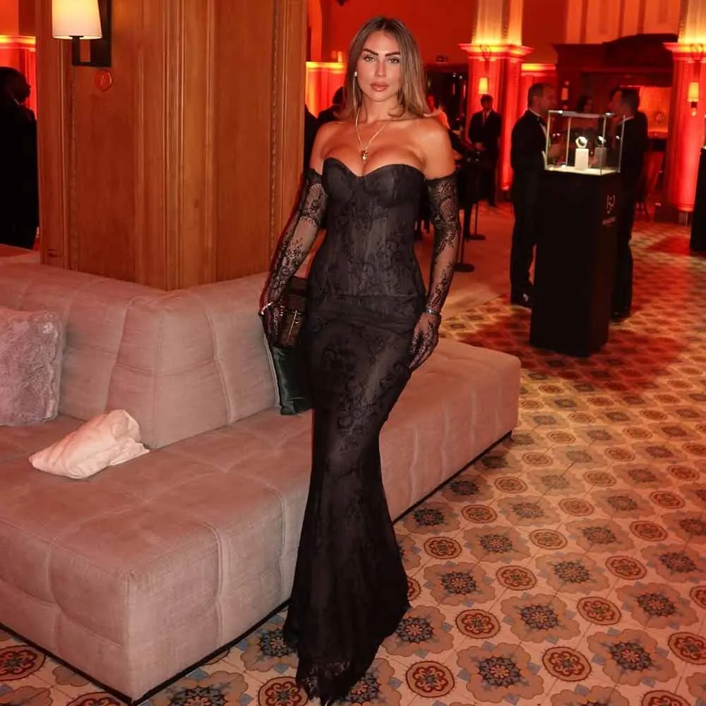 

Exquisite Special Occasion Dresses Lace Mermaid/Trumpet Celebrity Dress Black Sweetheart Lace Ruched Fishbones Prom Dresses Long