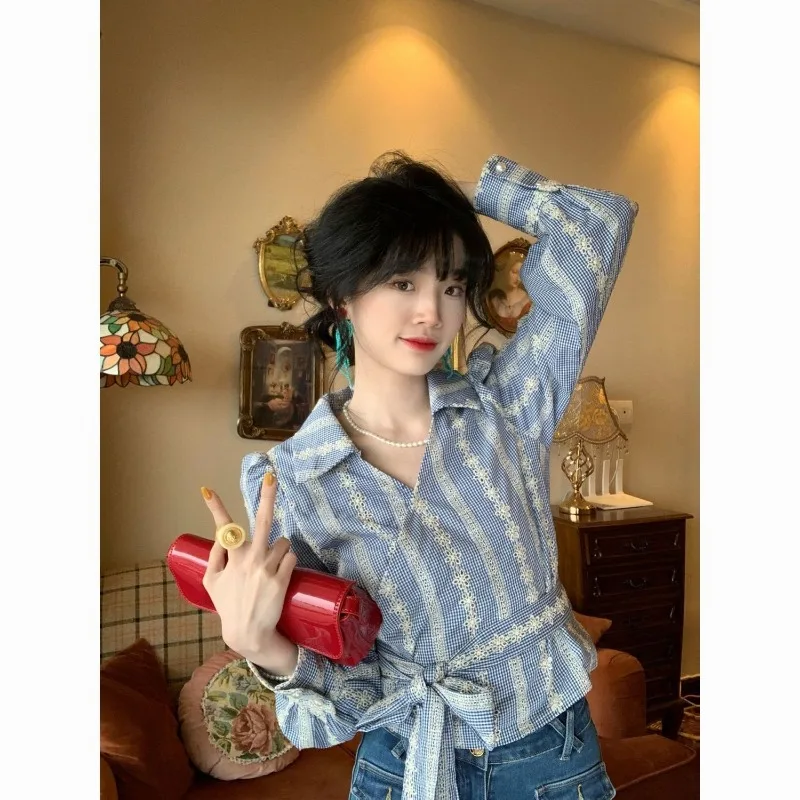 

Women's Plaid Button Down Blouse V-neck Ruffled Hem Casual Shirt