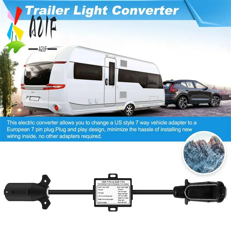 

A21F-USA To EU Trailer Light Converter US 7-Way Blade Socket To EU 7-Pin Round Plug