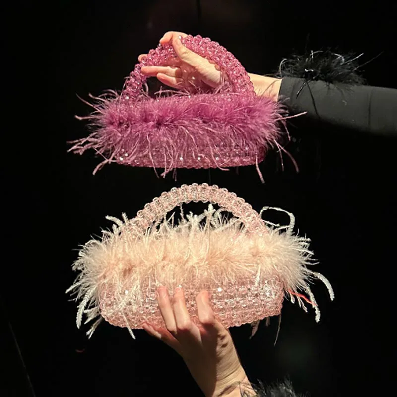 French Design Colorful Crystal Women's Bag Fairy Feather Pearl Bag Handmade Beaded Hairy Bag Handbag