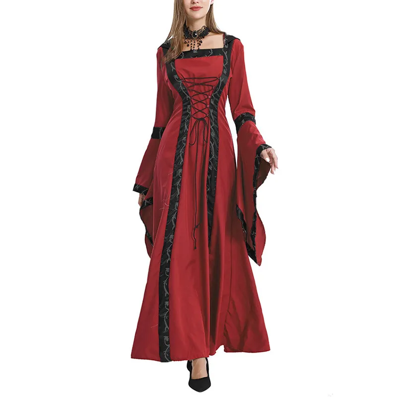 

loween Vintage Medieval Hooded Dr Square Collar Bell Sve Full Skirt Stage Performance Costume Women's Ethnic Wear