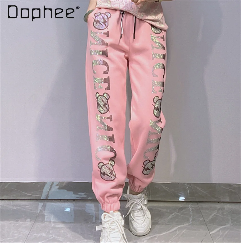 

Autumn High-waisted Sweatpants Women's European Goods Hot Diamond Loose Leggings Outdoor Sports Casual Pants Tide Streetwear
