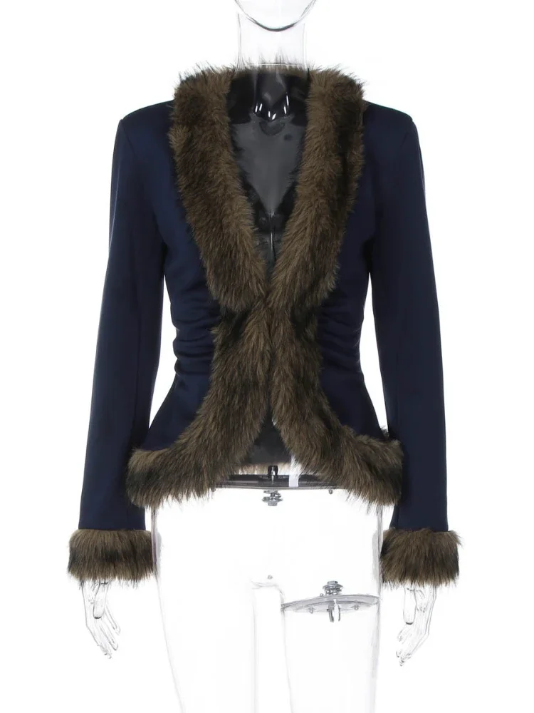 V ネック毛皮フェザーカーディガンジャケット女性のためのスリムパッチワークテーパードウエストストリートオーバーコートコート女性のファッションジャケット