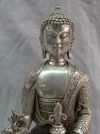 Fast shipping 20cm Chinese Silver Buddhism Shakyamuni Tibet Joss Dragon Medicine Buddha Statue