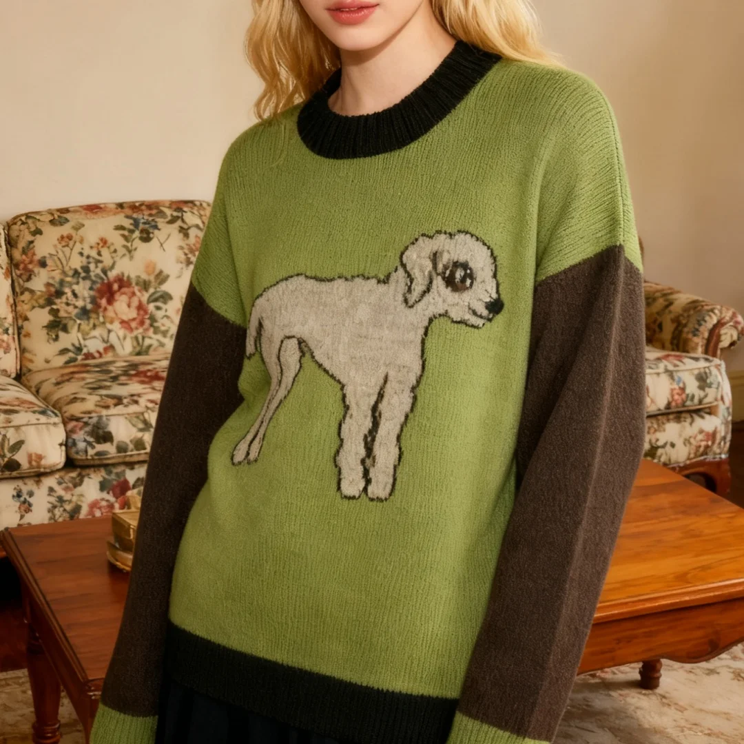 

Y2K уличная одежда пиксельный узор вязаный свитер ветрозащитный теплый принт ягненка милый дизайн повседневный свитер для мужчин женщин