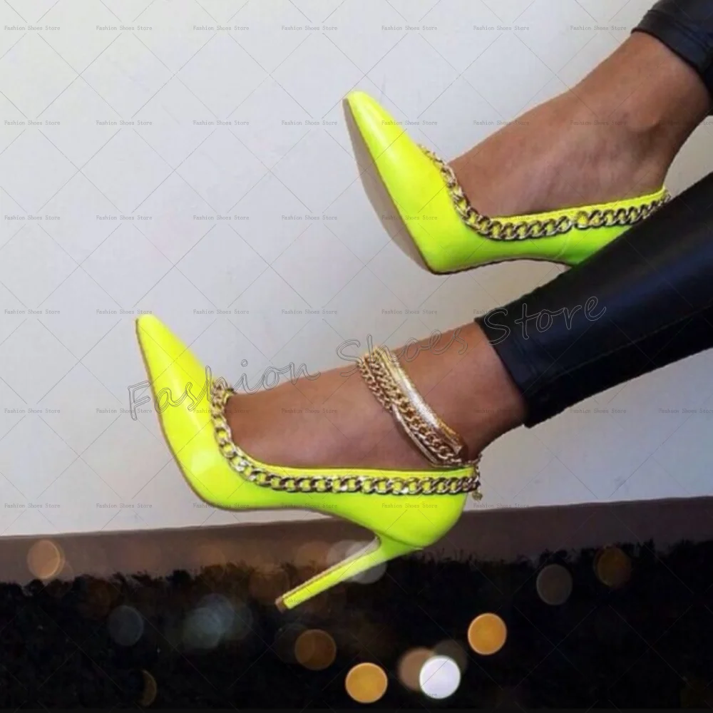 

Green Chain Decor Pointed Toe Pumps Matte Leather Thin High Heels High Heel Shoes for Women Heels 2025 New Zapatos Para Mujere