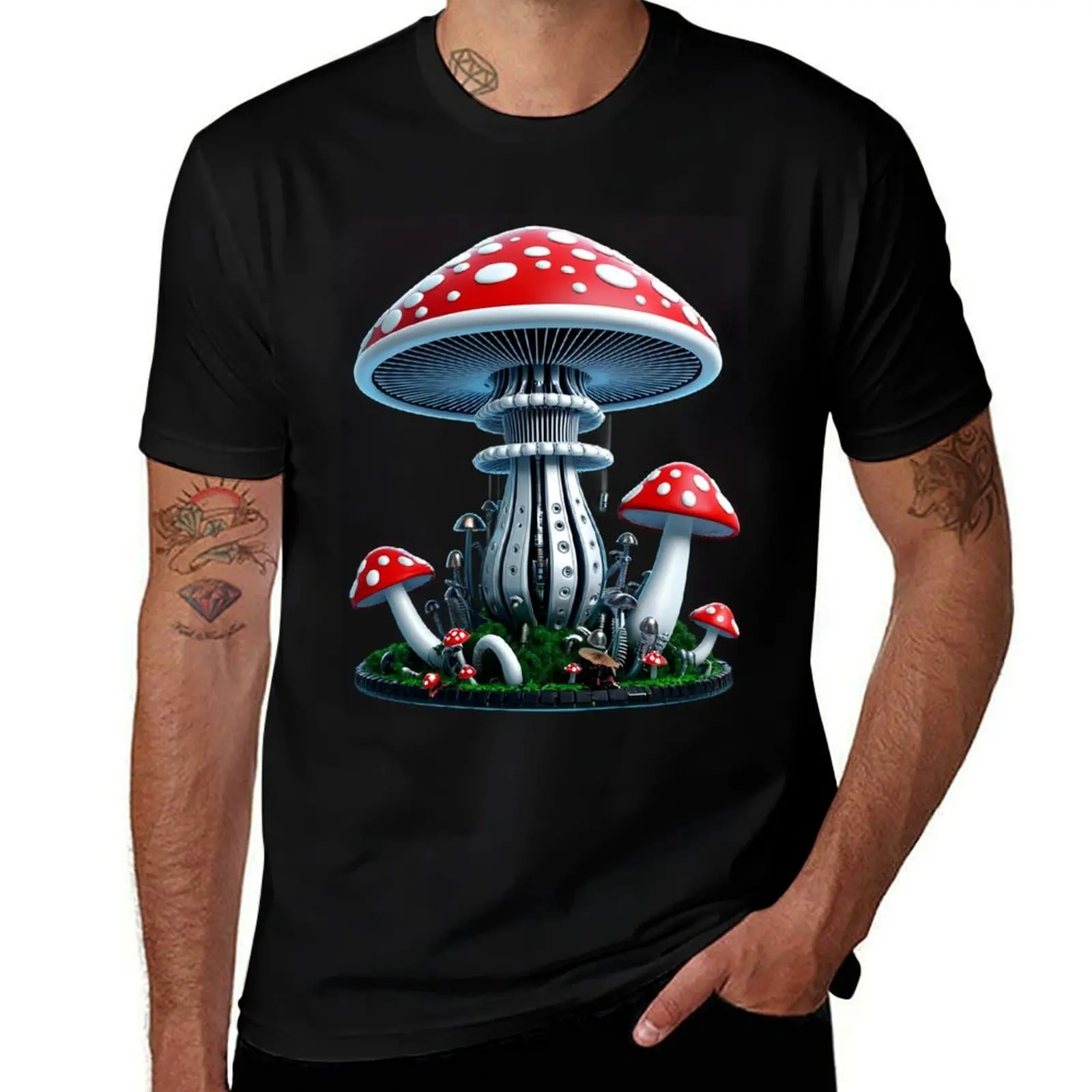 

Cyberpunk Amanita Mushroom Cityscape T-Shirt funny shirt cotton plus size clothes vintage mens vintage t shirts