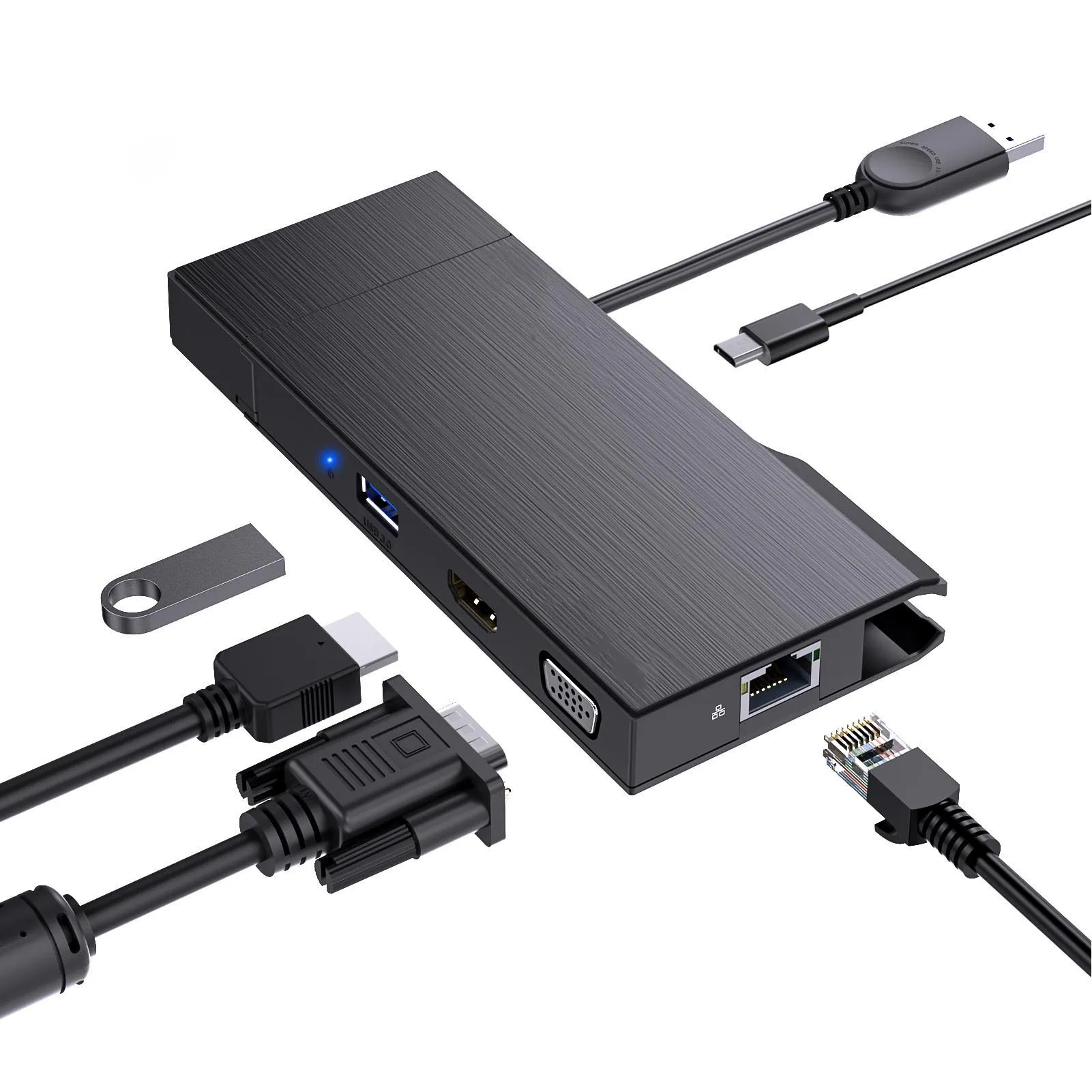 USB C Hub 9 في 1 شاشة مزدوجة USB3.0 محطة إرساء الكمبيوتر المحمول محول متعدد المنافذ مع واجهة الوسائط المتعددة RJ45 HD منفذ VGA