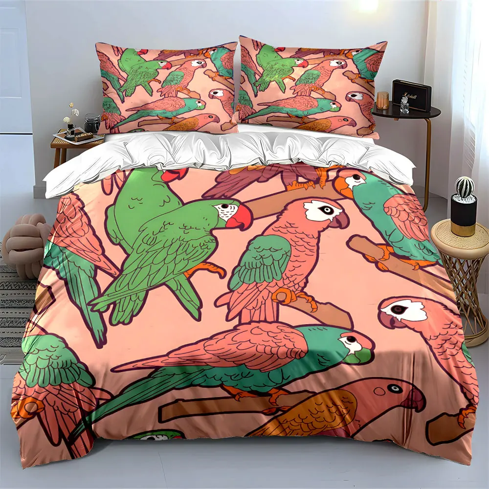 Colorful parrots perched on branches Pattern Duvet Cover Set Digital Print Colorful Polyester Bedding with Zipper Closur 3