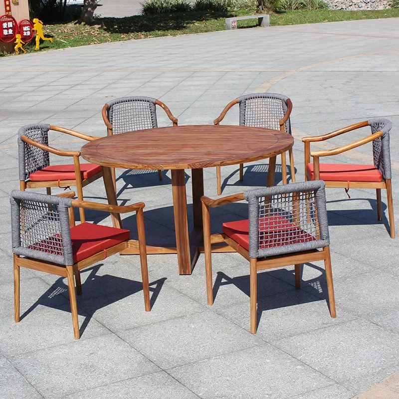 Outdoor teak table and chair courtyard solid wood rope dining table rattan chair combination