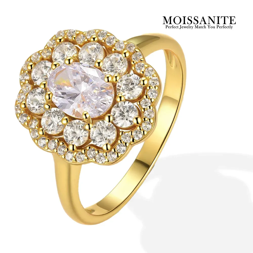 

1 Carat Moissanite Ring 925 Sterling Silver 18K Gold Plated Oval Cut Double Halo Floral Style Engagement Jewelry Gift for Women