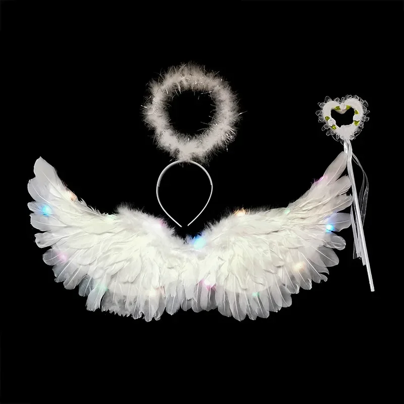 Girls Women LED Luminous Light Up White Angel Feather Wings Girl Cosplay Birthday Glow Party Supplies Halloween Wedding Festival